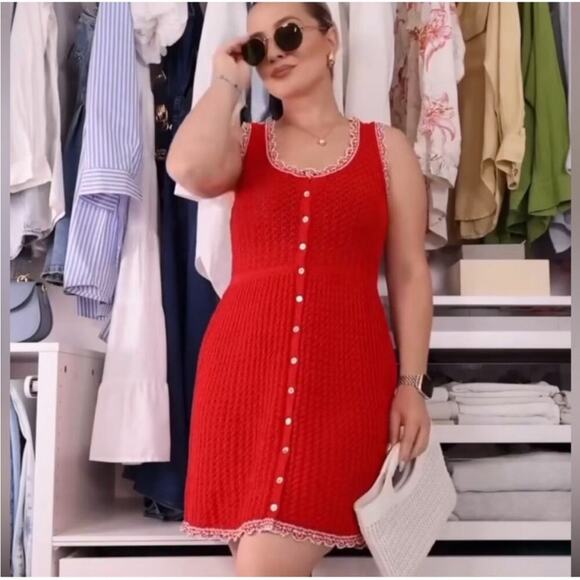 Zara Red White Pointelle Knit Scallop Hem Mini Dress Small Blogger Favorite - Picture 5 of 15